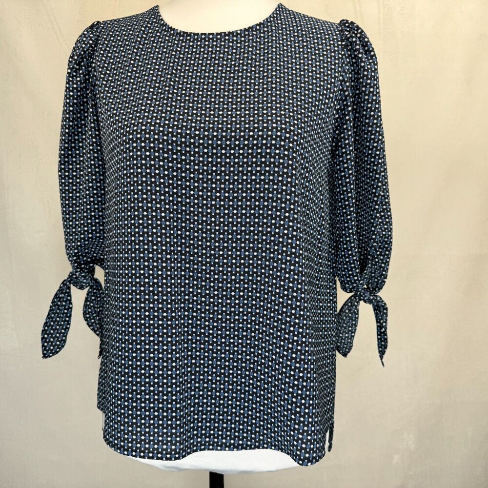 CeCe Ladies Top Sz XS Black Print Blue White Crew Neck Keyhole Tie Sleeve
